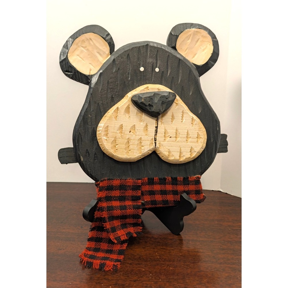 Handmade Rustic Wood Bear Wall Decor Buffalo Plaid Scarf Folk Art 12"